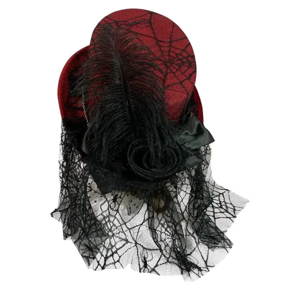 Victorian Style Top Hat Womens Red Spiderweb Veil Feather